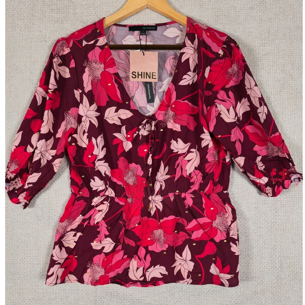 NWT harve benard Floral Print Tie Neck Peasant Blouse Top‎ Women's Size L